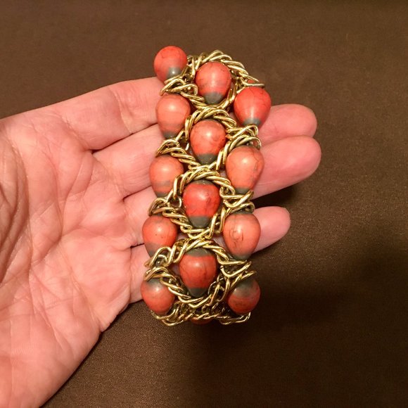 Bracelet Vintage Retro Gold Chain Orange Tear Drop - Picture 10 of 10